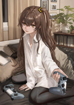 1girl absurdres barefoot black_pantyhose book bookshelf brown_hair collared_shirt commission controller cropped_legs curtains double-parted_bangs girls'_frontline hair_ornament hashimoto_kokai highres holding holding_controller long_hair looking_at_viewer on_bed open_mouth pantyhose picture_frame pixiv_commission plant playstation_controller potted_plant sawkm scar scar_on_face second-party_edit second-party_source shirt side_ponytail sidelocks sitting ump45_(girls'_frontline) wariza wavy_hair white_shirt window yellow_eyes