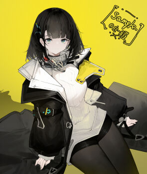 1girl arknights arknights:_endfield bai_yao_(user_ygua7252) black_hair black_jacket black_pantyhose black_shorts blue_eyes cowboy_shot endministrator_(arknights) female_endministrator_(arknights) hair_ornament highres jacket long_sleeves looking_at_viewer off_shoulder open_clothes open_jacket pantyhose shirt short_hair shorts simple_background smile solo white_shirt yellow_background