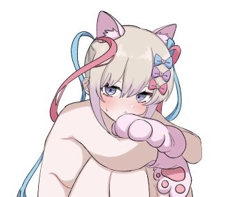 1girl :&lt; aegyo_sal alternate_costume animal_ears animal_hands blonde_hair blue_eyes blue_hair blush breasts cat_ears chouzetsusaikawa_tenshi-chan colored_tips gloves hugging_own_legs inami_(x_spidekawaii_x) kemonomimi_mode looking_at_viewer multicolored_hair needy_girl_overdose nude paw_gloves pink_hair quad_tails sideboob sitting solo sweat