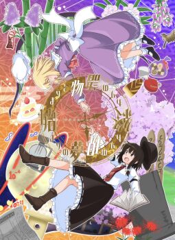 Rule 34 | 2girls, bamboo, bird, black footwear, black hat, black skirt, blonde hair, book, boots, bow, bowtie, brown eyes, brown footwear, brown hair, cake, cherry blossoms, collared shirt, commentary request, cookie, dress, fedora, flower, food, frilled dress, frills, hat, highres, juliet sleeves, long sleeves, maribel hearn, mary janes, mob cap, moon, multiple girls, necktie, newspaper, open mouth, petals, puffy sleeves, purple dress, red bow, red bowtie, red flower, red necktie, round window, shirt, shoes, skirt, socks, sotoba, spider lily, teapot, tie clip, tombstone, touhou, translation request, usami renko, white shirt, white socks, window, yakousei no kame, yellow eyes