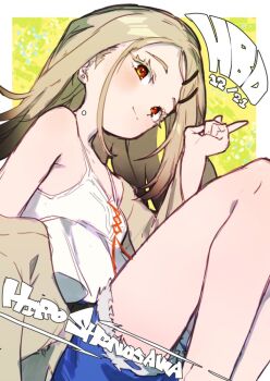1girl blonde_hair blue_shorts border breasts brown_robe camisole character_name closed_mouth commentary_request dated denim denim_shorts earrings feet_out_of_frame from_below gakuen_idolmaster gradient_hair grey_hair hand_up happy_birthday idolmaster jamir jewelry knees_up light_blush light_smile long_hair looking_at_viewer looking_down multicolored_hair open_clothes open_robe orange_eyes outside_border parted_bangs red_ribbon ribbon robe shinosawa_hiro shorts single_off_shoulder sitting small_breasts solo split_mouth stud_earrings white_border white_camisole yellow_background