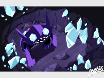 absurdres cave_interior commentary_request crystal drooling gen_3_pokemon highres letterboxed nintendo no_humans open_mouth pokemon pokemon_(creature) pokemon_focus rock sableye sakanagi_(a_r_co) saliva sharp_teeth signature solo teeth