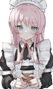 1girl bang_dream! bang_dream!_it's_mygo!!!!! blush chihaya_anon closed_mouth commentary cup disposable_cup grey_eyes highres holding holding_cup long_hair long_sleeves maid maid_headdress opuricheri pink_hair simple_background solo upper_body white_background