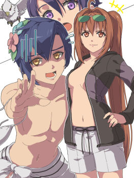 1boy 1other 2girls ahoge antenna_hair bird black_hair boxers bra brown_hair chiharu_(9654784) double-parted_bangs eiyuu_densetsu estelle_bright eyewear_on_head falcon flower hair_between_eyes hair_flower hair_intakes hair_ornament hands_on_own_hips highres joshua_bright kloe_rinz long_hair male_underwear multiple_girls naked_shirt navel no_bra open_mouth purple_eyes purple_hair red_eyes shirt short_hair sieg_(eiyuu_densetsu) simple_background sora_no_kiseki stomach twintails underwear very_long_hair white_background white_bra yellow_eyes
