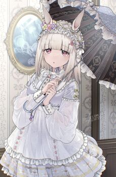 1girl :o absurdres animal_ears blunt_bangs carousel commentary_request cowboy_shot dated dress hairband happy_meek_(umamusume) highres holding holding_umbrella horse_ears horse_girl huge_filesize indoors jellyfish lolita_fashion lolita_hairband long_sleeves mirror nail_polish parted_lips picture_frame red_eyes ryusei_(ryusei_b) see-through_clothes shooting_star short_hair signature solo tagme umamusume umbrella wallpaper_(object) white_dress white_nails