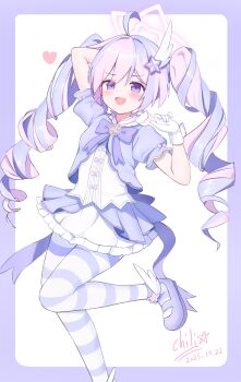 1girl :d absurdres ahoge arm_behind_head arm_up blue_archive blush border bow bowtie commentary curled_fingers dated drill_hair eyes_visible_through_hair foot_out_of_frame frilled_skirt frills gloves hair_between_eyes hair_ornament halo hand_up heart highres jacket layered_skirt leg_up long_hair looking_at_viewer magical_girl making-of_available mary_janes multicolored_hair official_alternate_costume official_alternate_hairstyle open_mouth outside_border pantyhose pink_bow pink_hair pink_halo puffy_short_sleeves puffy_sleeves purple_border purple_bow purple_bowtie purple_eyes purple_hair purple_jacket purple_pantyhose purple_shoes purple_skirt reisa_(blue_archive) reisa_(magical)_(blue_archive) shirt shoes short_sleeves sichuan_luo_li sidelocks signature skirt smile solo star_(symbol) star_hair_ornament star_halo striped_clothes striped_pantyhose twin_drills twintails two-tone_hair white_gloves white_shirt white_skirt white_wrist_cuffs wing_hair_ornament winged_shoes wings wrist_cuffs