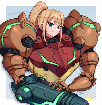 1girl arm_cannon armor artist_name blonde_hair blue_background blue_eyes border closed_mouth commentary_request hand_on_own_arm highres long_hair looking_at_viewer metroid mole mole_under_mouth nintendo no_headwear ponytail power_armor power_suit_(metroid) samus_aran shoulder_pads simple_background smile solo upper_body v-shaped_eyebrows varia_suit wakaba_(wata_ridley) weapon white_border