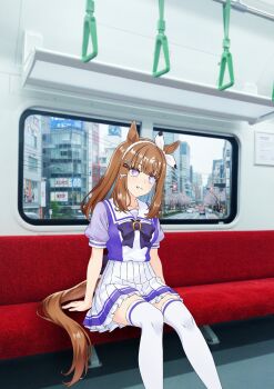 Rule 34 | 1girl, absurdres, almond eye (umamusume), animal ears, blue hair, blush, bow, bow hairband, brown hair, check commentary, city, colored inner hair, commentary, commentary request, hairband, hakazero, highres, horse ears, horse girl, horse tail, long hair, multicolored hair, parted lips, pleated skirt, purple bow, purple eyes, purple shirt, sailor collar, shirt, short sleeves, sitting, skirt, smile, solo, tail, thighhighs, train interior, two-tone hair, umamusume, white hairband, white sailor collar, white skirt, white thighhighs, zettai ryouiki
