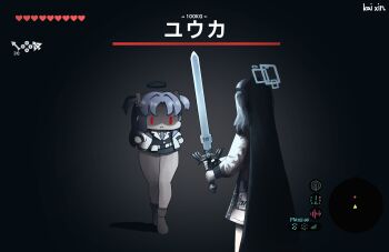 100kg_(meme) 2girls absurdly_long_hair absurdres aris_(blue_archive) back belt black_hair black_halo blazer blue_archive blue_halo chibi clock collared_shirt commentary gameplay_mechanics halo heads-up_display health_bar heart highres jacket kai_xin long_hair long_sleeves master_sword millennium_science_school_logo multiple_girls nintendo one_side_up open_clothes open_jacket parody parted_bangs pleated_skirt purple_hair red_eyes school_uniform shirt sidelocks skirt the_legend_of_zelda the_legend_of_zelda:_tears_of_the_kingdom thick_thighs thighs translation_request two_side_up user_interface very_long_hair white_belt white_jacket yuuka_(blue_archive)