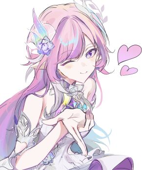 1girl absurdres bare_shoulders breasts closed_mouth commentary_request cyrene_(honkai:_star_rail) cyrene_(ripples_of_past_reverie)_(honkai:_star_rail) diamond-shaped_pupils diamond_(shape) dress fingernails flower hair_flower hair_ornament heart highres honkai:_star_rail honkai_(series) long_hair looking_at_viewer medium_breasts nail_polish partial_commentary pink_hair pointy_ears purple_eyes purple_flower purple_nails purple_rose rose simple_background smile solo symbol-shaped_pupils upper_body very_long_hair white_background white_dress x8n2h