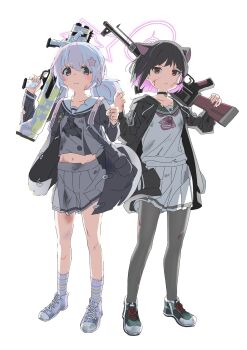 2girls ahoge animal_ears black_choker black_hair black_jacket black_neckerchief black_pantyhose blue_archive blue_hair bren_lmg bruise bullpup cat_ears choker closed_mouth colored_inner_animal_ears colored_inner_hair dot_nose double-barreled_shotgun extra_ears fist_bump fuyubone green_sailor_collar grey_eyes grey_serafuku grey_shirt grey_skirt gun hair_ornament halo highres holding holding_gun holding_weapon injury jacket kazusa_(blue_archive) light_blue_hair light_machine_gun long_sleeves machine_gun medium_hair midriff multicolored_hair multiple-barrel_gun multiple_girls navel neckerchief open_clothes open_jacket over_shoulder pantyhose pink_hair pink_halo pink_neckerchief pleated_skirt pump-action_shotgun red_eyes reisa_(blue_archive) sailor_collar school_uniform scrape serafuku shirt shoes short_hair shotgun side-by-side-barreled_shotgun simple_background skirt sneakers socks standard_manufacturing_dp-12 standing star_(symbol) star_hair_ornament star_halo streaked_hair striped_clothes striped_socks trinity_general_school_logo two-tone_hair weapon weapon_over_shoulder white_background white_sailor_collar white_serafuku white_shirt white_skirt