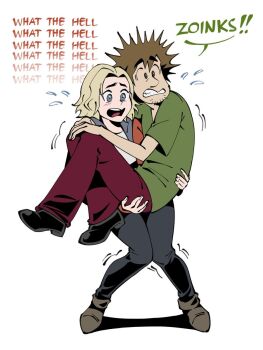 Rule 34 | 1boy, 1girl, blonde hair, blush, carrying, carrying person, east-west crossover, facial hair, grace ashcroft, green shirt, highres, officeanomaly, princess carry, resident evil, resident evil requiem, scared, scooby-doo (series), shaggy rogers, shirt, stubble