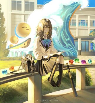 1girl artist_name ave_eiler_(eilerchan) bag bag_charm baseball_bat black_bag black_shoes black_skirt black_socks blazer blue_bow blue_bowtie book book_on_lap bow bowtie building buttons character_charm charm_(object) closed_mouth commentary contrast_collar day double-breasted english_commentary foot_dangle graphia_academy_school_uniform grass grey_hair honkai:_star_rail honkai_(series) in-universe_location jacket kneehighs light_smile long_hair looking_at_viewer official_alternate_costume on_bench on_railing open_book outdoors railing school school_bag school_uniform shoes sitting skirt socks solo stelle_(honkai:_star_rail) trailblazer_(baseball_raccoon)_(honkai:_star_rail) trailblazer_(honkai:_star_rail) tree white_jacket yellow_eyes