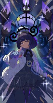 1girl black_dress black_hair blue_gloves bob_cut chandelure closed_mouth coat dress eyelashes gen_5_pokemon gloves gradient_hair gwynn_(pokemon) hat highres long_sleeves looking_at_viewer mega_chandelure multicolored_hair nintendo open_clothes open_coat pantyhose partially_fingerless_gloves pokemon pokemon_(creature) pokemon_legends:_z-a purple_eyes purple_hair short_hair umotomochi white_coat