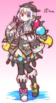 1girl artist_painter beret black_boots black_jacket black_pantyhose black_skirt boots bow closed_mouth commentary_request gradient_background hand_up hat height heterochromia highres holding holding_spray_can jacket jogasaki_noah long_hair long_sleeves looking_at_viewer mahou_shoujo_no_majo_saiban multi-tied_hair multicolored_hair neck_ribbon pantyhose pink_background polka_dot polka_dot_bow ribbon shinmon_akika skirt smile solo spray_can standing streaked_hair white_hair yellow_eyes