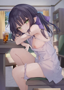 1girl bare_shoulders black_hair blush breasts closed_mouth clothes_pull clothing_aside demon_girl dress dress_aside exhibitionism flashing green_eyes hair_between_eyes hair_ribbon highres indoors kedama_milk loli long_hair looking_at_viewer low_twintails naughty_face nipples no_bra original panties panties_around_leg pointy_ears public_indecency pulling_own_clothes ribbon sitting small_breasts smile solo strap_slip sweat twintails underwear white_dress white_panties
