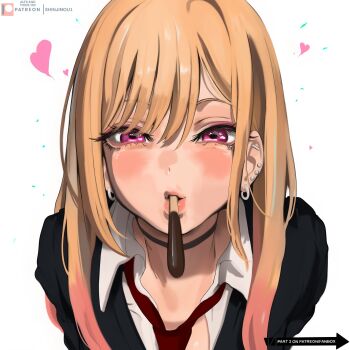 Rule 34 | 1girl, black choker, black sweater, blonde hair, blush, choker, food, gyaru, heart, highres, holding, holding food, holding pocky, kitagawa marin, lady shin, long hair, looking at viewer, loose necktie, mouth hold, necktie, paid reward available, pocky, pocky kiss, purple eyes, red necktie, shared food, shirt, simple background, solo, sono bisque doll wa koi wo suru, sweater, white background, white shirt