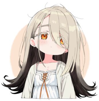 1girl black_hair blonde_hair blush brown_background camisole closed_mouth collarbone cropped_torso earrings flipped_hair gakuen_idolmaster gradient_hair hair_over_one_eye idolmaster jewelry long_hair looking_to_the_side messy_hair moru_(monaka) multicolored_hair open_clothes open_robe orange_eyes orange_ribbon ribbon robe shinosawa_hiro solo stud_earrings swept_bangs two-tone_background upper_body white_background white_camisole white_robe