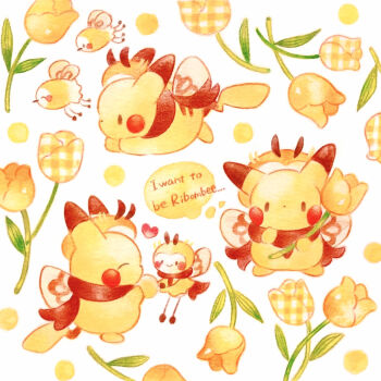 Rule 34 | colored pencil (medium), commentary request, cosplay, cutiefly, english text, flower, full body, gen 1 pokemon, gen 7 pokemon, highres, multiple views, nintendo, no humans, painting (medium), pikachu, pokemon, pokemon (creature), ribombee, ribombee (cosplay), running, scarf, traditional media, tulip, watercolor (medium), white background, yellow flower, yellow tulip, yukichi 0611
