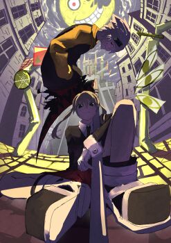 Rule 34 | 1boy, 1girl, absurdres, black jacket, blonde hair, boots, collared shirt, crescent moon, frown, furrowed brow, gloves, green eyes, green necktie, grey hair, grin, hair between eyes, hashtag-only commentary, headband, highres, hunched over, jacket, leaning forward, long hair, maka albarn, moon, necktie, over shoulder, plaid clothes, plaid skirt, red skirt, satisfy027, scythe, sharp teeth, shirt, sitting, skirt, smile, soul eater, soul evans, teeth, twintails, weapon, weapon over shoulder, white gloves, white shirt, yellow sleeves