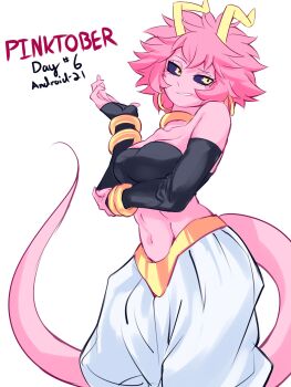 1girl abs absurdres android_21 android_21_(cosplay) ashido_mina bandeau bare_shoulders black_bandeau black_gloves black_sclera black_tube_top boku_no_hero_academia bracelet breasts cleavage colored_sclera colored_skin cosplay detached_sleeves dragon_ball dragon_ball_fighterz earrings elbow_gloves english_text female_focus gloves gold_bracelet gold_earrings harem_pants hhholic highres hoop_earrings horns jewelry large_breasts majin_android_21 messy_hair navel neck_ring pants pink_skin pink_tail short_hair solo strapless tail tube_top white_background white_pants yellow_eyes yellow_horns