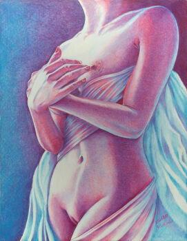 1girl absurdres armpit_crease bed_sheet colored_pencil_(medium) commentary_request cowboy_shot dated fingernails flat_chest hands_up hayashi_ryouta head_out_of_frame highres naked_sheet navel nipples nude original pussy realistic signature solo standing traditional_media uncensored