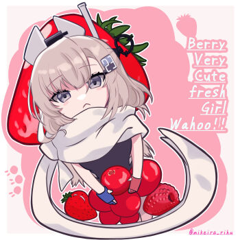 Rule 34 | 1girl, absurdres, asymmetrical gloves, black one-piece swimsuit, cherry, commentary request, food, fruit, gloves, grey eyes, grey hair, headgear, highres, kantai collection, mikeira (mofumofu saimin club), mismatched gloves, one-piece swimsuit, pun, raspberry, scarf, solo, strawberry, swimsuit, two-tone one-piece swimsuit, upper body, wahoo (kancolle), white scarf
