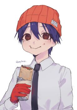Rule 34 | 1girl, beanie, black hair, black necktie, clothes writing, collared shirt, doner kebab, eating, food, gloves, hat, highres, holding, holding food, izumo fuuko, necktie, red eyes, red gloves, saydens, shirt, short hair, undead unluck, upper body, white background, white shirt