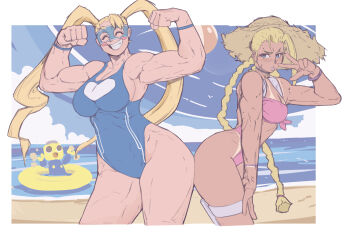2girls ass ass-to-ass ass_press beach blue_eyes braid breasts cammy_white cropped_legs domino_mask eye_mask grin hair_pulled_back hat highres innertube large_breasts mask mega_man_(series) mega_man_legends_(series) michel_teru multiple_girls muscular muscular_female official_alternate_costume one-piece_swimsuit rainbow_mika servbot_(mega_man) smile standing straw_hat street_fighter street_fighter_6 street_fighter_v swim_ring swimsuit tan thick_thighs thighs toned toned_female twin_braids