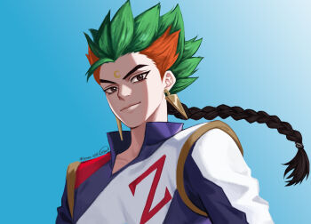 1boy artist_name black_hair bleed_kaga blue_background braid braided_ponytail brown_eyes crescent crescent_facial_mark earrings facial_mark future_gpx_cyber_formula gradient_background green_hair highres jewelry leone_0096 looking_at_viewer male_focus red_hair solo spiked_hair upper_body