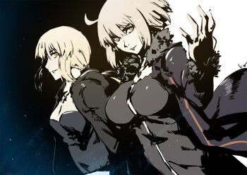 ahoge artoria_pendragon_(fate) blonde_hair club3 dark_persona fate/grand_order fate_(series) fur_trim graphite_(medium) jeanne_d'arc_(fate) jeanne_d'arc_(ruler)_(fate) jeanne_d'arc_alter_(avenger)_(fate) jeanne_d'arc_alter_(fate) jeanne_d'arc_alter_(ver._shinjuku_1999)_(fate) night official_alternate_costume saber_(fate) saber_alter saber_alter_(ver._shinjuku_1999) semi-transparent short_hair sky traditional_media yellow_eyes