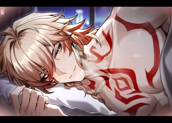 1boy armlet blonde_hair blush braid chest_tattoo commentary earrings english_commentary facial_tattoo gold_earrings gradient_hair highres honkai:_star_rail honkai_(series) jewelry looking_at_viewer lying male_focus medium_hair moonimu_art multicolored_hair mydei_(honkai:_star_rail) non-web_source on_bed on_side red_hair red_tattoo side_braid solo tattoo topless_male yellow_eyes
