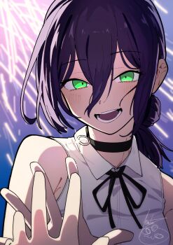 1girl 1other absurdres aerial_fireworks black_choker black_ribbon chainsaw_man choker collared_shirt commentary_request fireworks green_eyes hair_between_eyes hair_bun hand_up hanten_(hantennano) highres neck_ribbon night open_mouth outdoors pov pull_cord reze_(chainsaw_man) ribbon shirt shirt_tucked_in single_hair_bun sleeveless sleeveless_shirt teeth