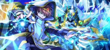 1boy black_hair brown_hair closed_mouth code_geass code_geass:_lost_stories f4samurai green_eyes highres knightmare_frame kururugi_suzaku lightning looking_at_viewer male_focus mecha official_art robot solo wizard