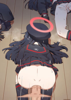 1boy 3girls after_vaginal aftersex anal ass beret black_gloves black_hair black_headwear black_shirt black_skirt black_socks blue_archive cleft_of_venus cum cum_in_pussy cumdrip doggystyle erection gloves hair_spread_out halo harem hat hetero justice_task_force_member_(blue_archive) kneehighs long_hair long_sleeves lying mountain_han multiple_girls on_back on_floor penis pov pussy sex sex_from_behind shirt skirt socks top-down_bottom-up uncensored wooden_floor