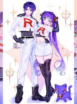 1boy 1girl aqua_eyes aqua_hair arm_around_shoulder arm_up artist_name belt black_belt black_boots black_eyes black_gloves blunt_bangs blunt_ends bodysuit boots bright_pupils colored_tips cosplay covered_navel cropped_shirt ear_piercing earrings elbow_gloves eyelashes eyeliner eyeshadow foxtrot_(foxtrot_xx) full_body genshin_impact gloves hair_between_eyes hand_on_another&#039;s_hip hand_on_own_hip hand_up height_difference hetero high_heel_boots high_heels holding holding_poke_ball instant_loss james_(pokemon) james_(pokemon)_(cosplay) jessie_(pokemon) jessie_(pokemon)_(cosplay) jewelry lace-up_boots latex latex_bodysuit latex_boots long_hair long_sleeves looking_at_viewer makeup midriff mona_(genshin_impact) multicolored_hair navel nintendo one_eye_closed pants parted_bangs pencil_skirt piercing pink_lips poke_ball pokemon pokemon_(anime) purple_hair red_eyeliner red_eyeshadow scaramouche_(genshin_impact) shirt short_sleeves sidelocks skirt sparkle star_(symbol) star_earrings streaked_hair team_rocket team_rocket_uniform thigh_boots tsurime twintails very_long_hair white_pants white_pupils white_shirt white_skirt white_sleeves