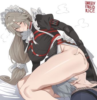 Rule 34 | 1boy, 1girl, absurdres, alexandrina sebastiane, artist name, black dress, breasts, commentary, cunnilingus, dress, english commentary, grey hair, hand on own ass, hetero, highres, large breasts, long hair, low-tied long hair, maid, maid headdress, oral, red eyes, short hair, sitting, sitting on face, sitting on person, smile, thighs, unrulyfriedrice, very long hair, white background, wise (zenless zone zero), zenless zone zero
