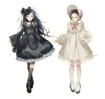 Rule 34 | 2girls, absurdres, alternate costume, black bow, black dress, black hair, black shoes, bonnet, bow, breasts, brown eyes, brown hair, chinese commentary, closed mouth, commentary request, dress, frilled dress, frills, full body, gothic lolita, grey socks, hair bow, highres, juliet sleeves, kamisaki hikaru, lolita fashion, long hair, long sleeves, looking at viewer, medalist (manga), multiple girls, neck ribbon, nemumioto, pink ribbon, puffy long sleeves, puffy sleeves, ribbon, shoes, short hair, simple background, small breasts, socks, standing, white background, white bonnet, white dress, white shoes, white socks, yellow eyes, yuitsuka inori