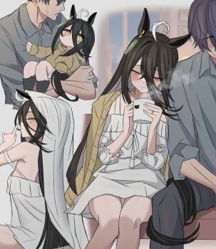 Rule 34 | 1boy, 1girl, absurdres, alternate costume, animal ears, bare shoulders, black hair, black socks, blush, cardigan, cardigan on shoulders, carrying, closed mouth, coffee mug, cup, dress, finger to mouth, from side, grey jacket, grey pants, hair between eyes, head on another's shoulder, highres, holding, holding cup, horse ears, horse girl, horse tail, jacket, kneehighs, leogust, long bangs, long hair, manhattan cafe (umamusume), mug, no eyes, pants, princess carry, purple hair, short hair, shushing, sidelocks, sleeves rolled up, smile, socks, tail, tail wrap, textless version, trainer (umamusume), umamusume, very short hair, white dress, yellow cardigan, yellow eyes