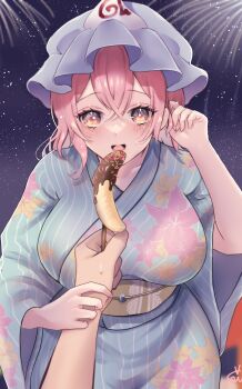 1girl 1other blue_kimono blush breasts chocolate-covered_food chocolate_banana ellen_drawing feeding fireworks floral_print floral_print_kimono hair_between_eyes hand_in_own_hair hat highres holding_another&#039;s_wrist japanese_clothes kimono large_breasts long_sleeves looking_at_viewer medium_hair open_mouth pink_eyes pink_hair pov print_kimono saigyouji_yuyuko signature touhou yukata