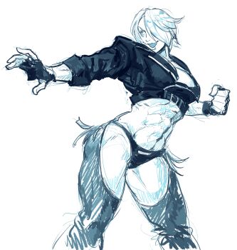 absurdres angel_(kof) backless_pants chaps cropped_jacket fighting_game fighting_stance hair_over_one_eye highres jacket leather leather_jacket lemon1034 male_swimwear midriff open_mouth palms pants short_hair sketch smile snk snk_heroines:_tag_team_frenzy solo swim_briefs the_king_of_fighters the_king_of_fighters_2001 the_king_of_fighters_2002 the_king_of_fighters_xiv the_king_of_fighters_xv toned toned_female underwear white_hair wrestler