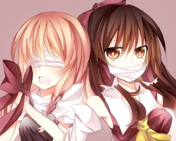 Rule 34 | 2girls, bad id, bad pixiv id, bandages, blindfold, blonde hair, braid, brown eyes, brown hair, female focus, hair ribbon, hakurei reimu, kirisame marisa, multiple girls, nayuta (scarlet-noize), ribbon, touhou