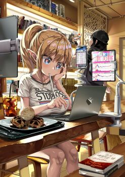 1girl 2girls absurdres artificial_light blonde_hair blue_eyes blush book bread breasts cellphone computer cup drinking_glass elf food hanging_breasts highres huge_breasts ice ice_cream ice_cube lamp laptop library looking_down miyu_(miyu_heuung) mouth_hold multiple_girls original phone pink_pupils pointy_ears ponytail serious shirt sitting stalk_in_mouth stock_trading_elf_(miyu) straw sweatdrop t-shirt table tablet_pc