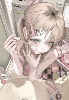 1girl blonde_hair blush commentary_request concealer cosmetics curling_iron darico fingernails hair_between_eyes hair_dryer hair_ornament hairband hairclip highres holding indoors long_hair makeup makeup_palette rabbit solo sponge tagme