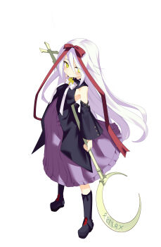 1girl absurdres arm_at_side bare_shoulders black_boots blush boots bow bowtie chinese_commentary closed_mouth commentary_request crescent cross_ornament detached_sleeves dress eyelashes eyes_visible_through_hair frilled_dress frills frown full_body hair_between_eyes hair_bow hair_ribbon highres holding holding_scythe hoshizora_no_memoria long_hair long_ribbon long_sleeves looking_at_viewer mare_s._ephemeral medium_dress muchun_(2571268436) purple_dress red_bow red_ribbon ribbon scythe simple_background solo standing very_long_hair white_background white_bow white_bowtie white_hair wide_sleeves yellow_eyes