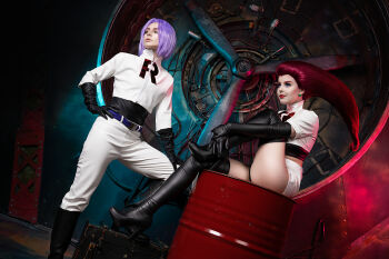 1boy 1girl black_undershirt blue_eyes boots cable cosplay crop_top drum_(container) earrings hand_on_own_hip helly_von_valentine_(disharmonica) high_heel_boots high_heels highres indoors james_(pokemon) james_(pokemon)_(cosplay) jessie_(pokemon) jessie_(pokemon)_(cosplay) jewelry leather leather_boots leg_up long_hair looking_ahead midriff_peek nero_(asaginanami) nintendo panties pants panty_peek pencil_skirt photo_(medium) pokemon pokemon_(anime) purple_hair real_life red_hair shirt skirt smile team_rocket team_rocket_uniform thick_thighs thigh_boots thighhighs thighs toolbox undershirt underwear warehouse white_pants white_shirt white_skirt