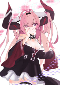 Rule 34 | 1girl, absurdres, azur lane, bare shoulders, black dress, breasts, brown horns, cleavage, dress, eyes visible through hair, highres, horns, huge horns, large breasts, long sleeves, looking at viewer, macrofancy, multicolored horns, pink hair, prinz rupprecht (azur lane), purple eyes, red horns, sleeves past fingers, sleeves past wrists, solo, thighhighs, two-tone horns, wide sleeves, zettai ryouiki