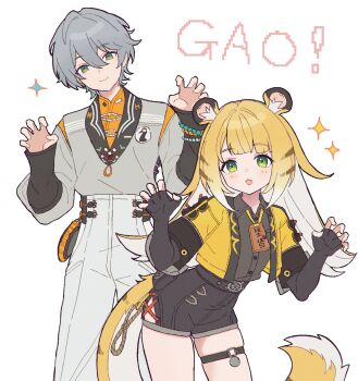 1boy 1girl anaketsu animal_ears black_gloves blonde_hair claw_pose commentary_request cropped_jacket english_text fingerless_gloves gloves green_eyes grey_hair highres jacket ju_fufu leg_ribbon long_hair looking_at_viewer multicolored_hair ribbon shirt shorts simple_background smile sparkle star_(symbol) tail tiger_ears tiger_girl tiger_tail white_background white_hair wise_(soaring_crane)_(zenless_zone_zero) wise_(zenless_zone_zero) zenless_zone_zero