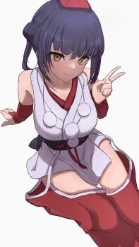 1girl absurdres arm_support bare_shoulders black_hair black_sash breasts bridal_gauntlets closed_mouth clothing_cutout commentary_request double_bun feet_out_of_frame from_above grey_background hair_bun hakama hakama_pants hat highres hip_vent invisible_chair japanese_clothes kaekae_kaeru kimono medium_breasts medium_hair nijisanji obi obijime pants pelvic_curtain pom_pom_(clothes) raised_eyebrows red_bridal_gauntlets red_hakama red_hat red_pants sash short_kimono side_up_bun simple_background sitting sleeveless sleeveless_kimono smile solo tokin_hat twintails v virtual_youtuber white_kimono wispy_bangs yamagami_karuta yamagami_karuta_(1st_costume) yellow_eyes