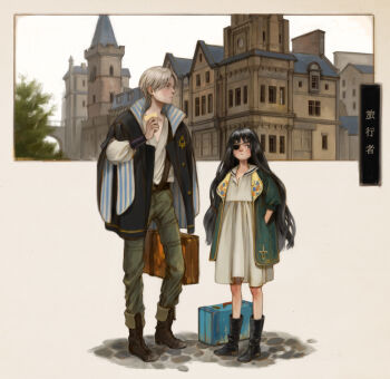 Rule 34 | 1boy, 1girl, belt, black belt, black boots, black hair, black jacket, blue bag, boots, brown boots, building, closed mouth, coat, commentary request, dress, eyepatch, fantasy, fold-over boots, full body, green coat, green pants, grey eyes, grey hair, hands in pockets, holding, holding suitcase, jacket, lace-up boots, long hair, long sleeves, mogoshin, one eye covered, original, pants, profile, puffy long sleeves, puffy short sleeves, puffy sleeves, sailor dress, shirt, short hair, short sleeves, shoulder strap, standing, suitcase, translation request, tree, very long hair, wavy hair, white dress, white shirt, window